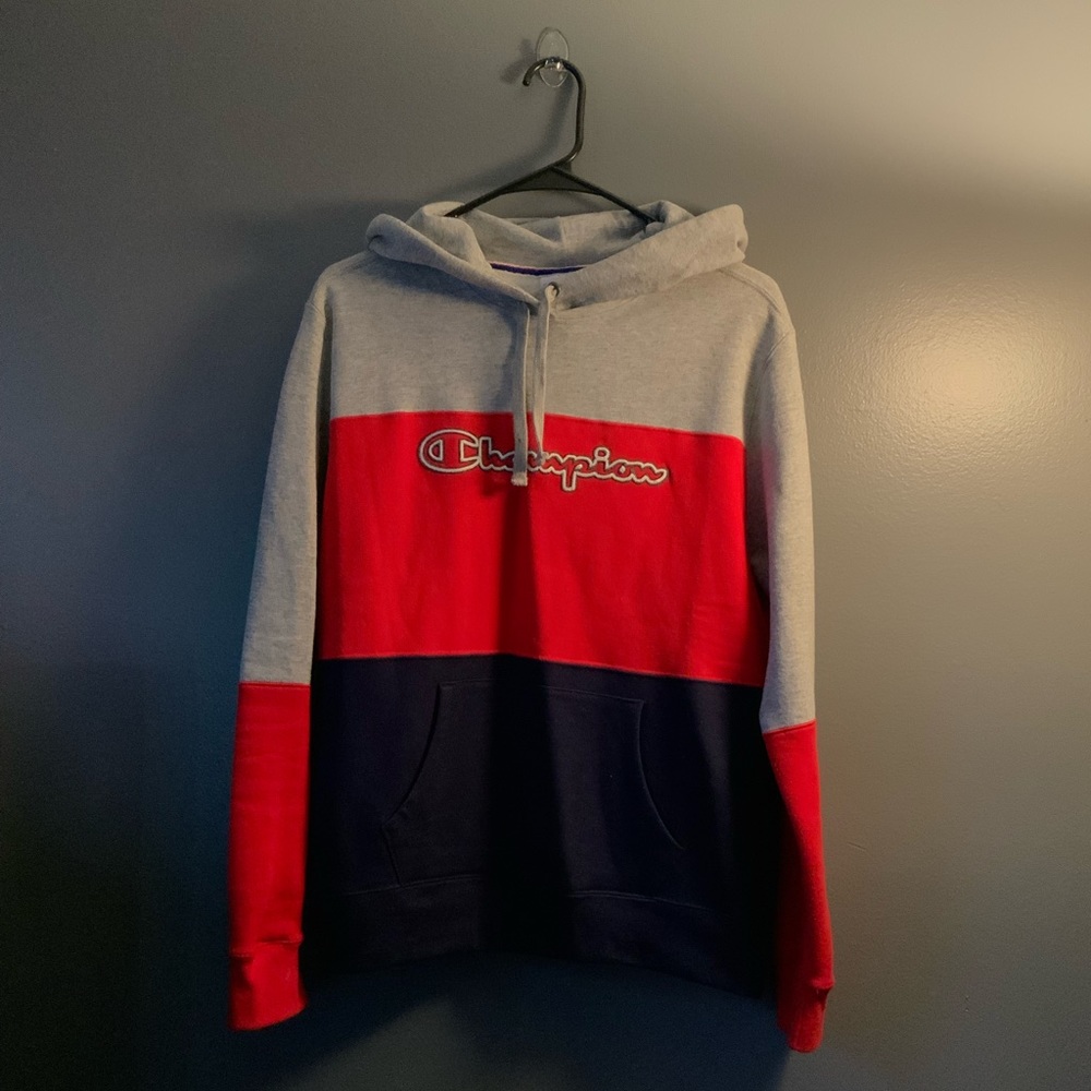 Champion Grey Red Navy Blue Hoodie Sweatshirt
